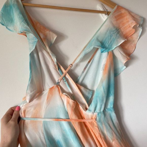 Luxxel Blue Orange Tie Dye Chiffon Frill Maxi Dress Blue Orange Sz M - Picture 7 of 11